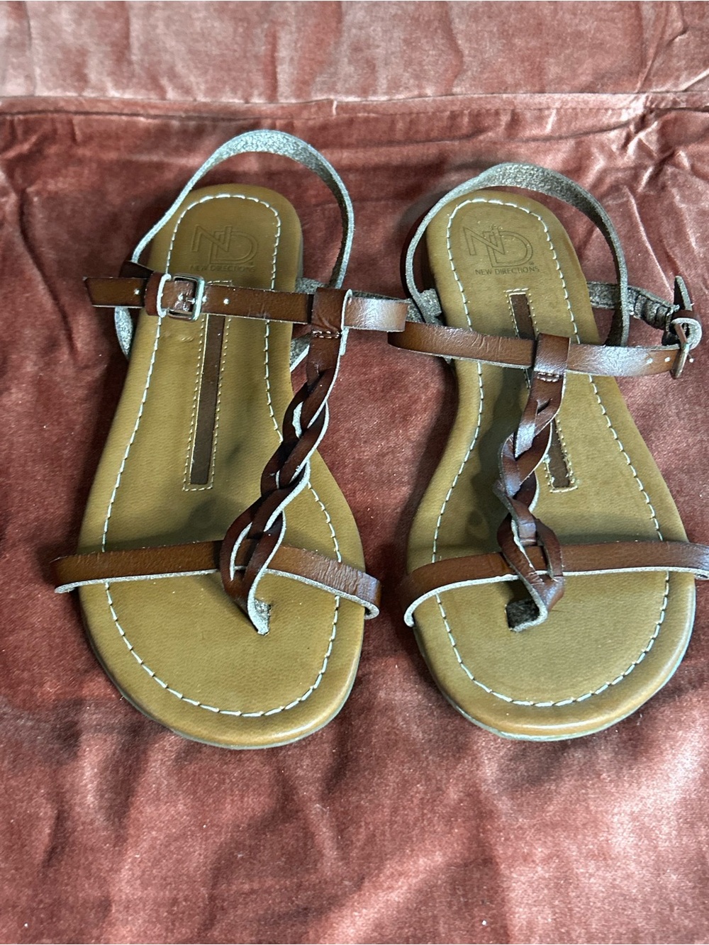 New Directions Brown Braided T-Strap Sandals